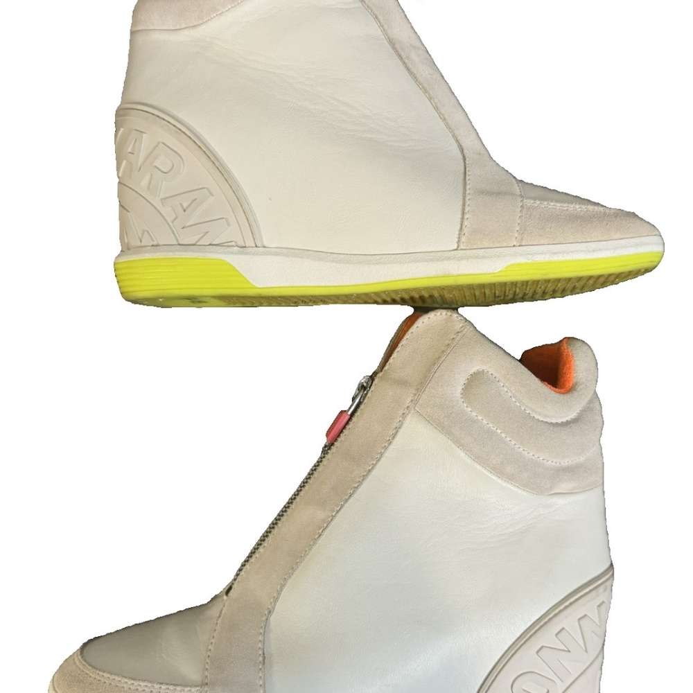 DKNY wedge sneaker high top women’s size 8 Preowned zipper pink yellow white sho